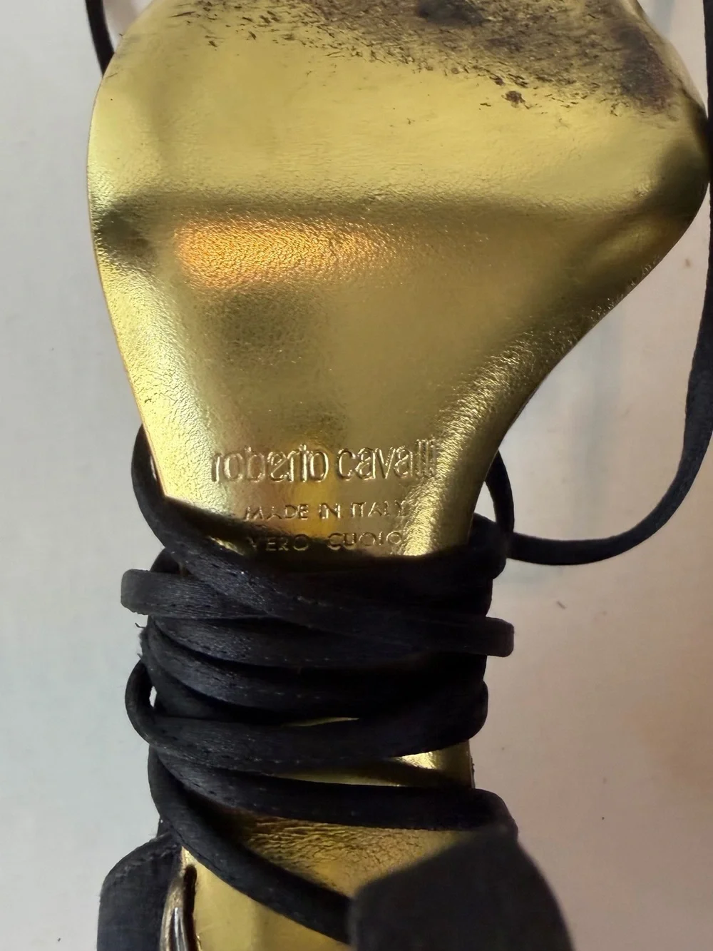 Roberto Cavalli Black Lace-Up Stiletto Heels with Gold Accent
